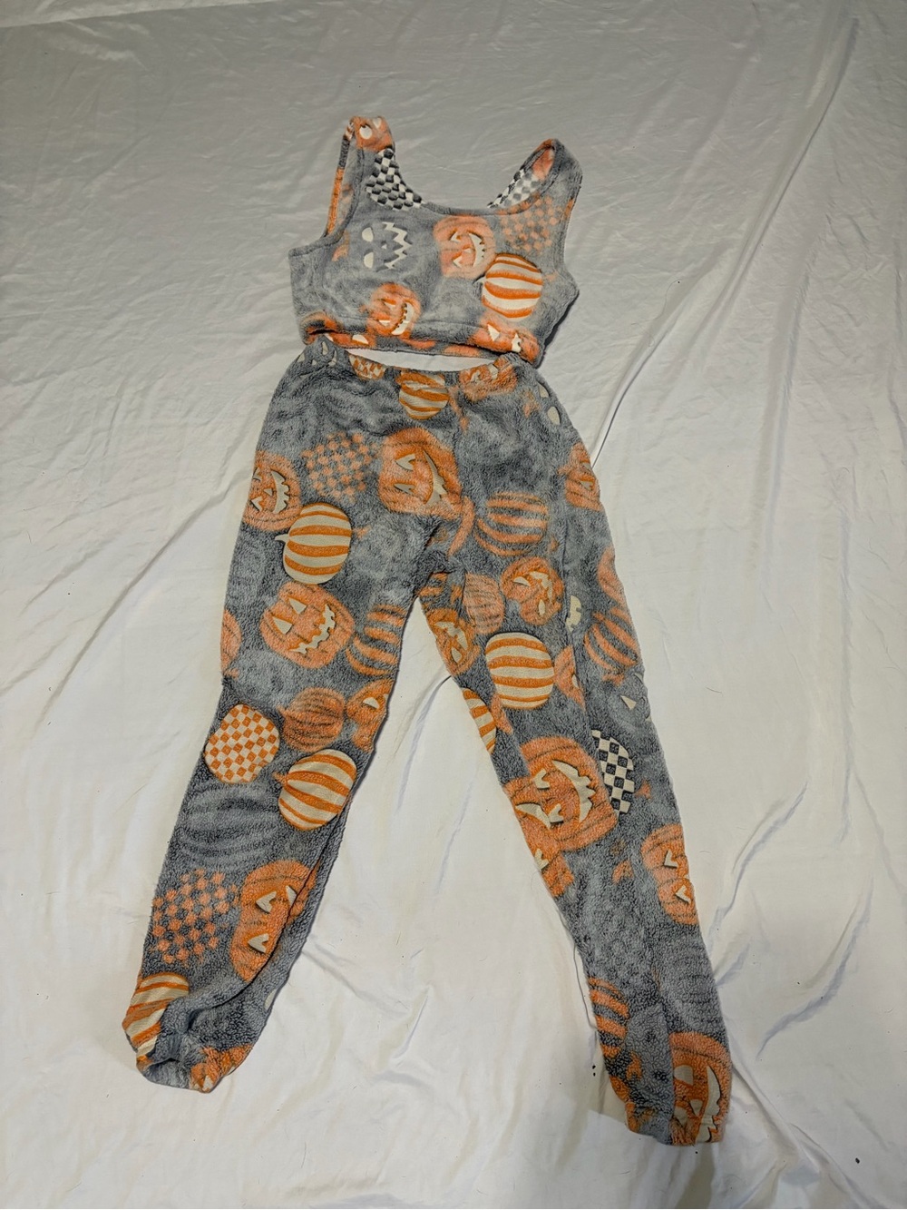 Cozy Pumpkin Print Fleece Pajama Set - Women's Grey & Orange